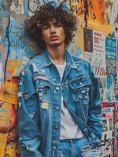 A street style shot of a person wearing an oversized vintage denim jacket with patches and pins, paired with a midi skirt and combat boots, demonstrating the customization aspect of The comeback of vintage denim: How are people styling it in 2025?.