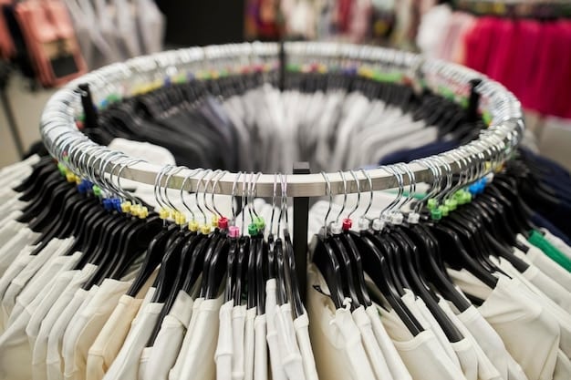 A close-up shot of a rack of gender-neutral clothing items in a retail store. The clothing features minimalist designs, neutral colors, and inclusive sizing. Tags and labels highlight the brand's commitment to sustainability and ethical production. This aims to reflect the trend, will the demand for gender-neutral clothing increase by 25% in 2025?, with eco-conscious and size-inclusive options on display.