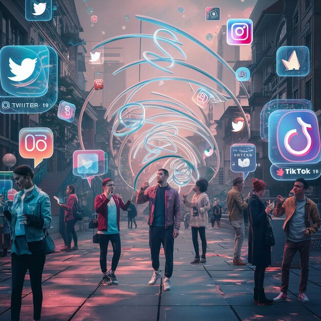 A digital artist's rendition of various TikTok trends converging and influencing different sectors of US culture, represented by icons like musical notes, fashion symbols, social media bubbles, and news headlines, all connected by an intricate network of algorithmic lines.