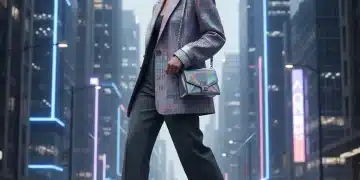 Woman in oversized blazer and wide-leg trousers, embodying 2026 fashion trends.