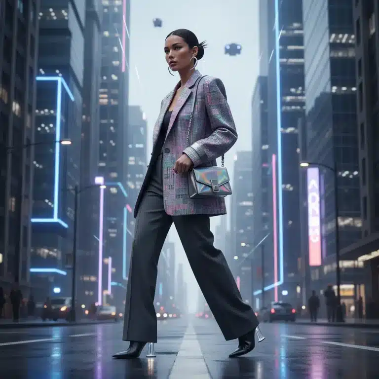 Woman in oversized blazer and wide-leg trousers, embodying 2026 fashion trends.