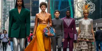 Stylish individuals showcasing 2026 statement pieces in an urban environment