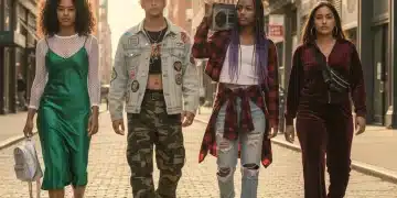 Diverse models showcasing 90s fashion comeback in urban setting, featuring slip dresses, denim, and plaid.