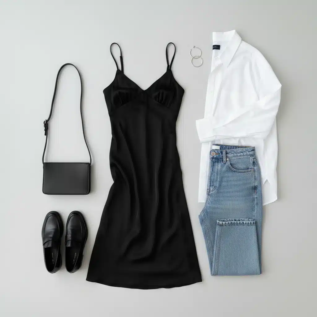Flat lay of 90s minimalist essentials: slip dress, white shirt, mom jeans, loafers, and shoulder bag.