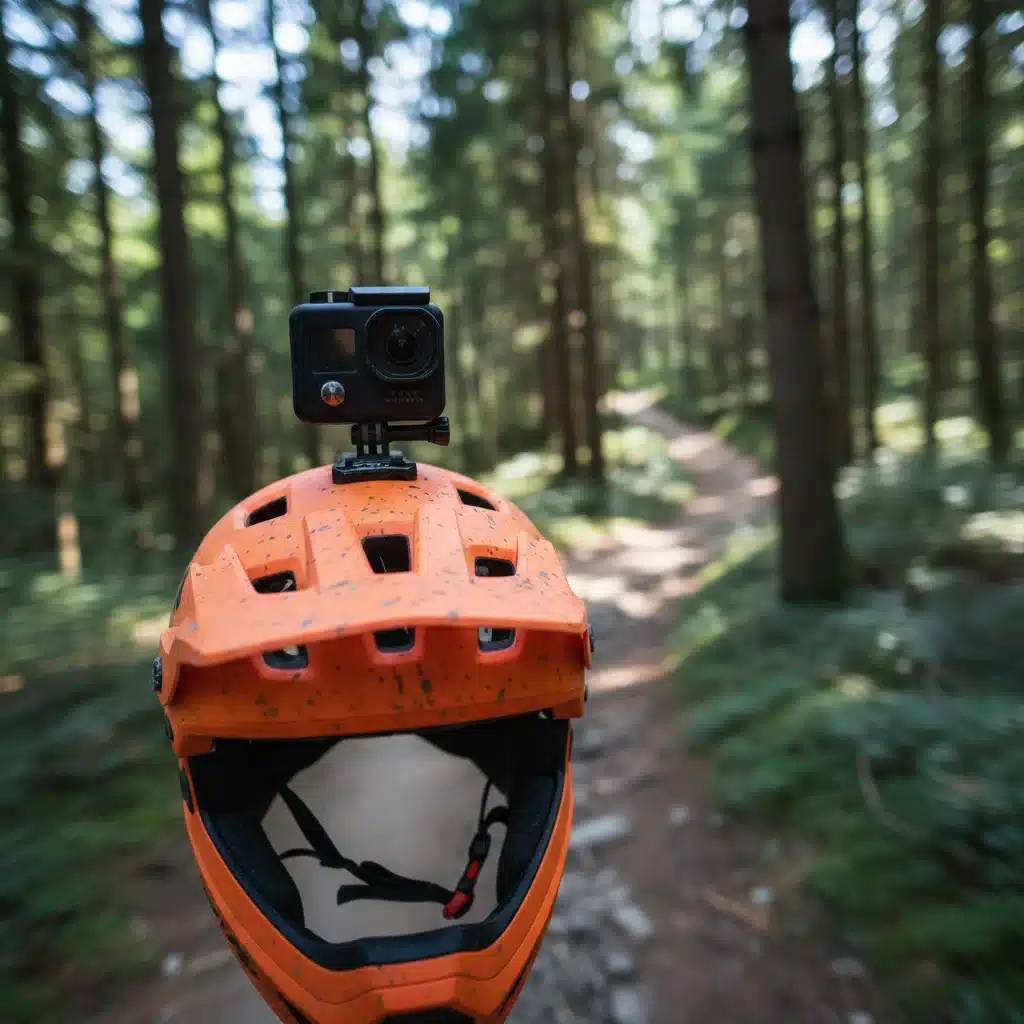 Action camera securely mounted on a mountain biker's helmet.