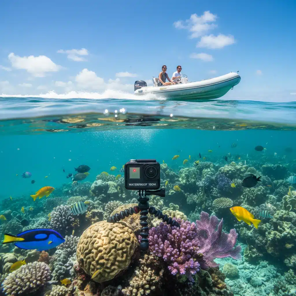 Action camera capturing underwater marine life and sunny surface simultaneously.