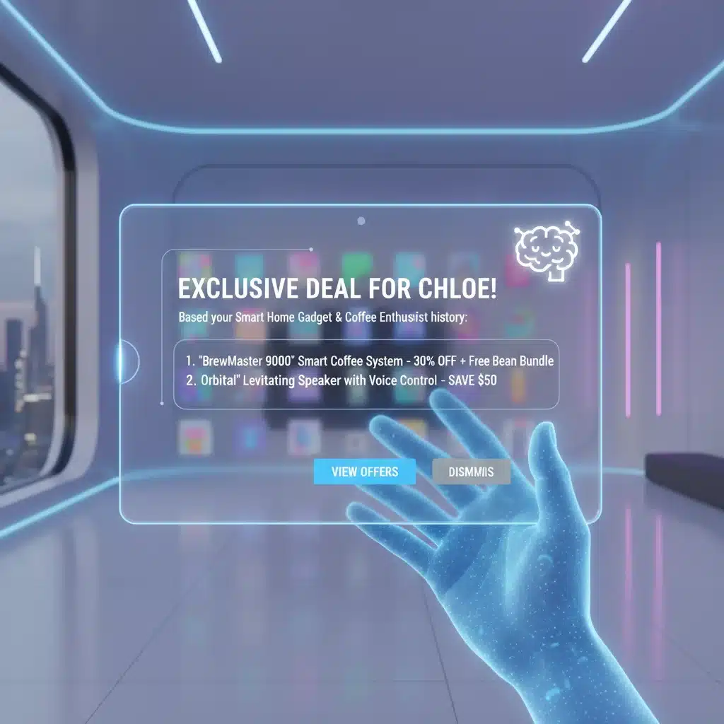 Tablet displaying personalized deal notification from an AI-powered shopping assistant.