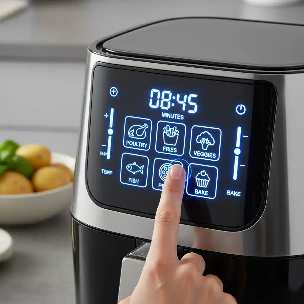 Digital control panel of a modern air fryer showing cooking presets