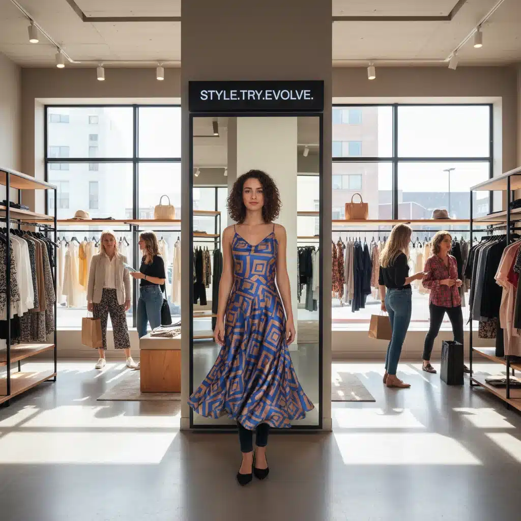 Customer trying on virtual clothes with augmented reality mirror