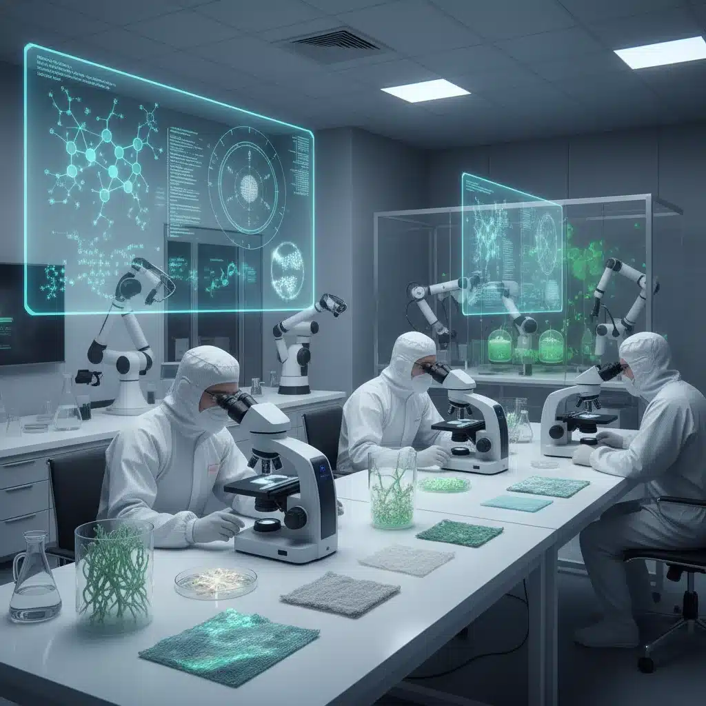 Scientists researching mycelium and bio-fabricated textiles in a lab