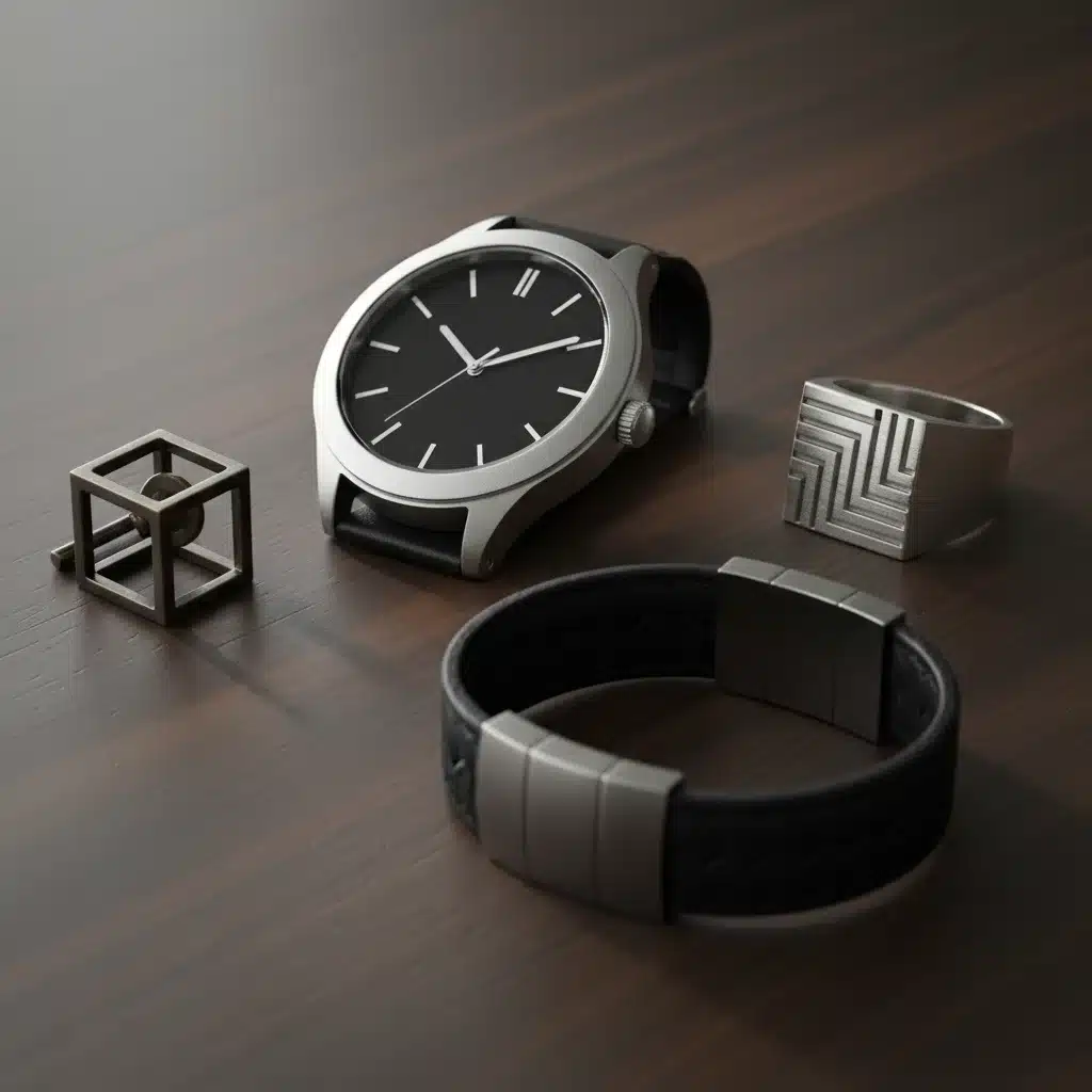 Collection of bold men's accessories, statement watch, signet ring, leather bracelet