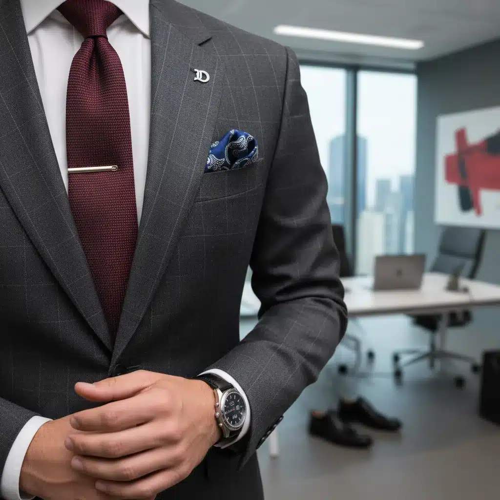 Close-up of a person in business formal attire, emphasizing suit, tie, and professional accessories.