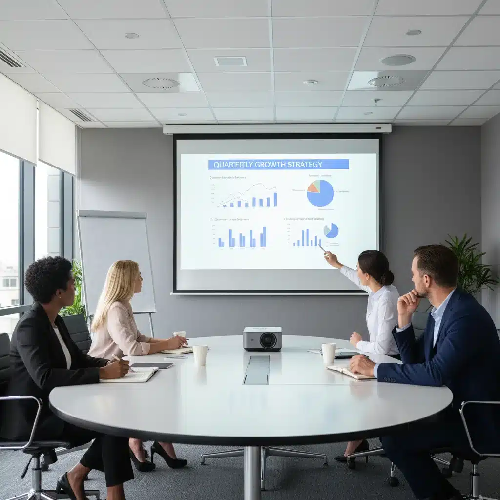 Portable projector displaying a business presentation in a conference room.