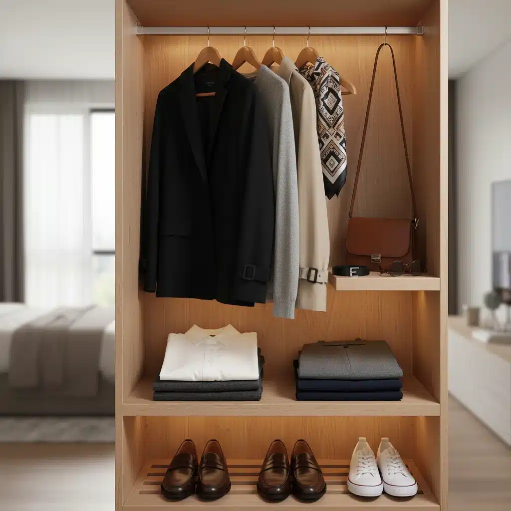 Organized capsule wardrobe with versatile professional clothing items.