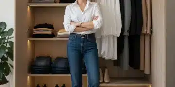 Woman in front of organized minimalist capsule wardrobe