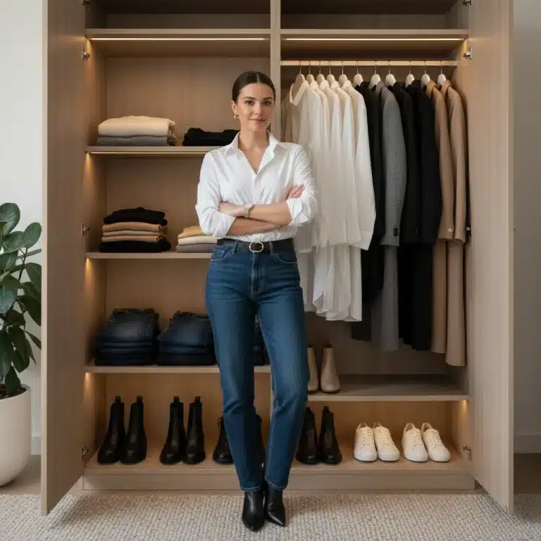Woman in front of organized minimalist capsule wardrobe
