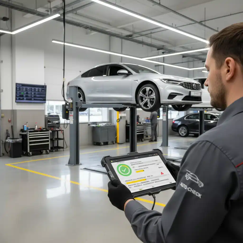 Mechanic servicing a car in a garage, symbolizing vehicle maintenance and potential repairs.