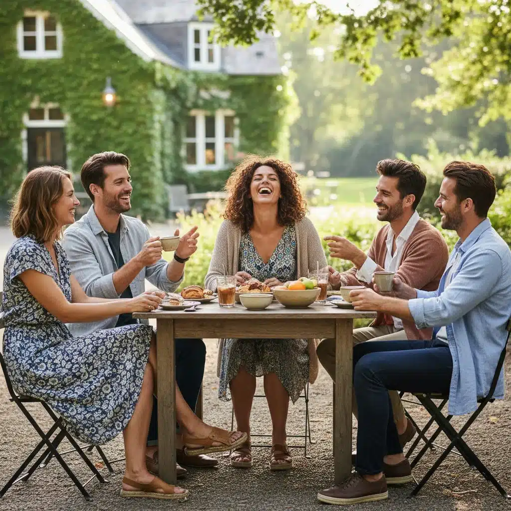 Friends enjoying a relaxed outdoor gathering in comfortable, stylish casual and smart casual outfits.