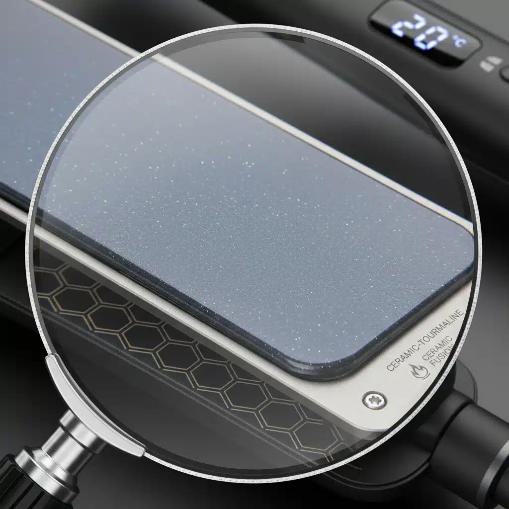 Close-up of advanced ceramic heating plate on a durable hair styling tool.