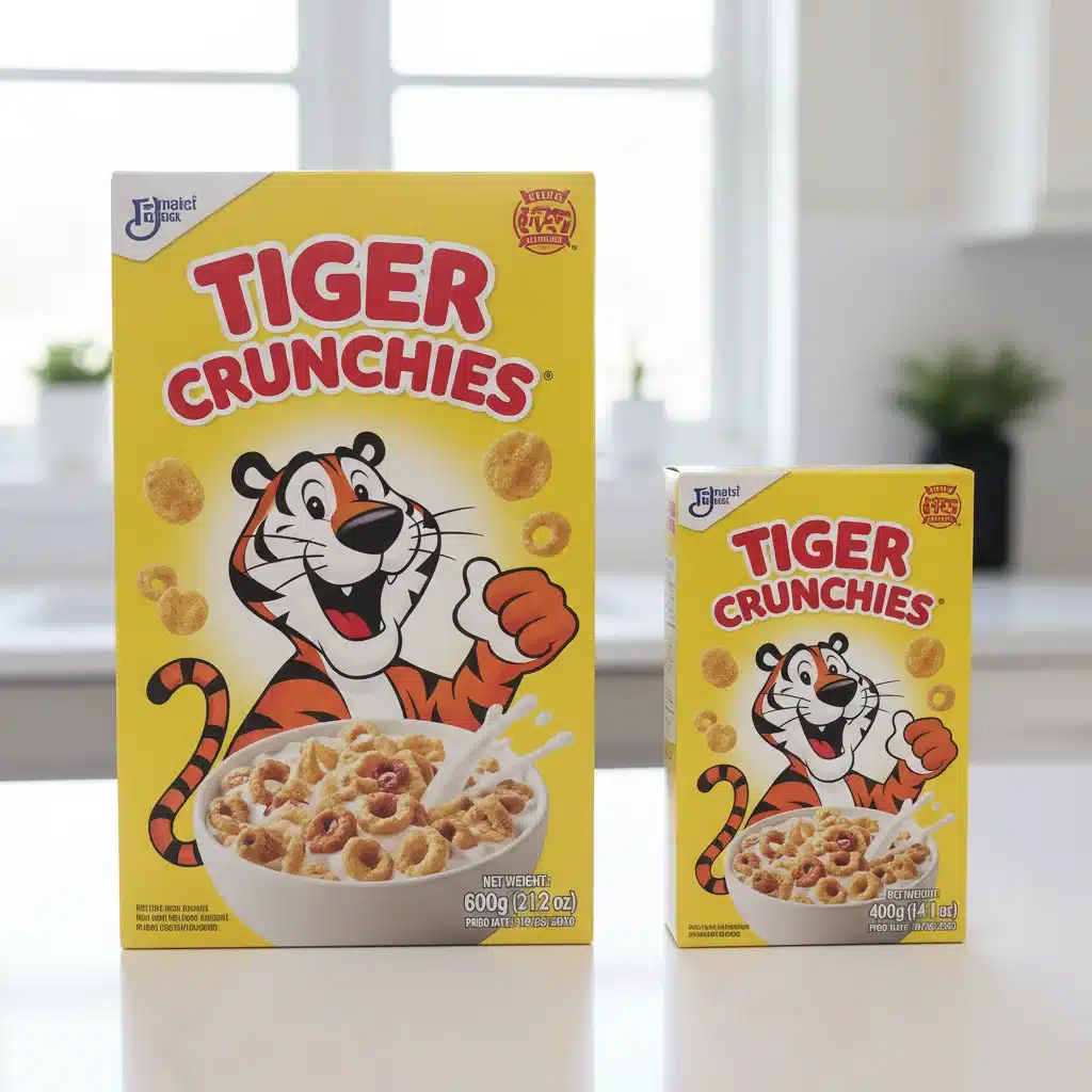 Comparison of two cereal boxes, one larger, one smaller, illustrating shrinkflation.