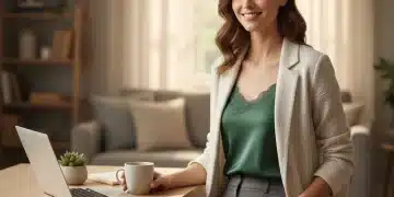 Woman in chic work from home outfit smiling at her laptop