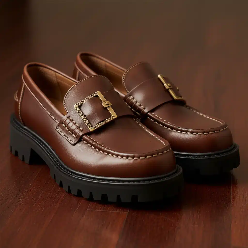 Chunky loafers with intricate detailing on polished wood