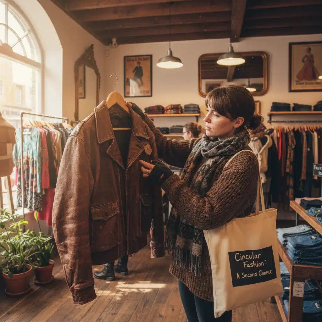 Person inspecting a vintage leather jacket in a second-hand store, promoting circular fashion and pre-loved items.