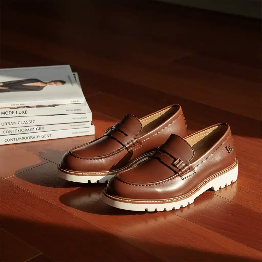 Elegant leather loafers on wooden floor with fashion magazines