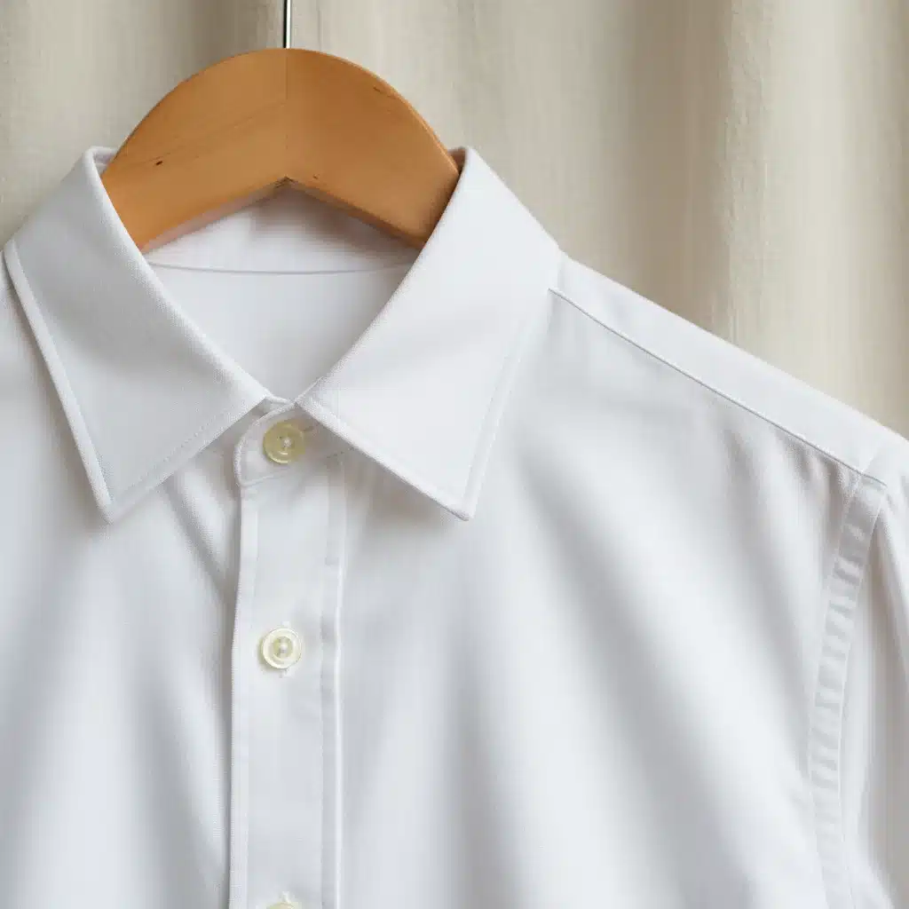 Crisp white button-down shirt on a hanger, representing a timeless wardrobe essential