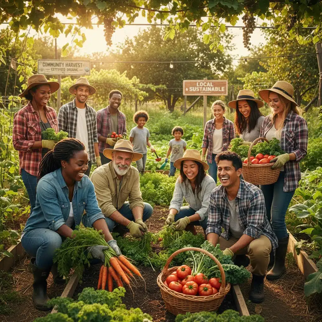 Community members harvesting organic vegetables from a certified sustainable garden.