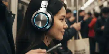 Commuter wearing noise-canceling headphones on a busy train, finding peace amidst the chaos.