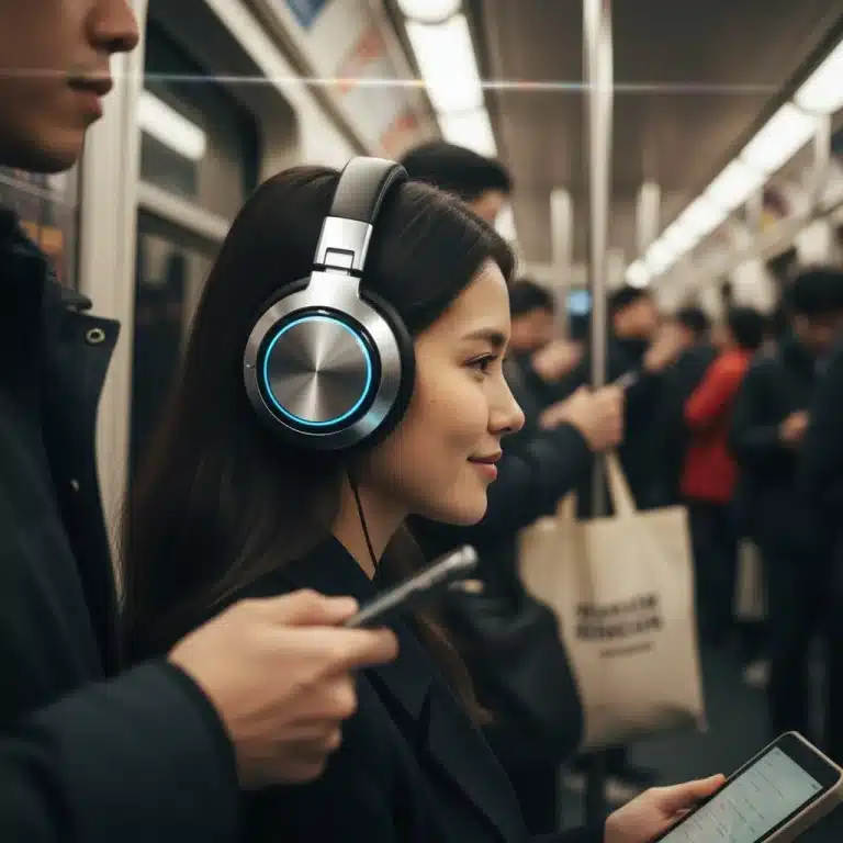 Commuter wearing noise-canceling headphones on a busy train, finding peace amidst the chaos.