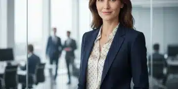 Professional woman in a tailored blazer exuding confidence in a modern office.