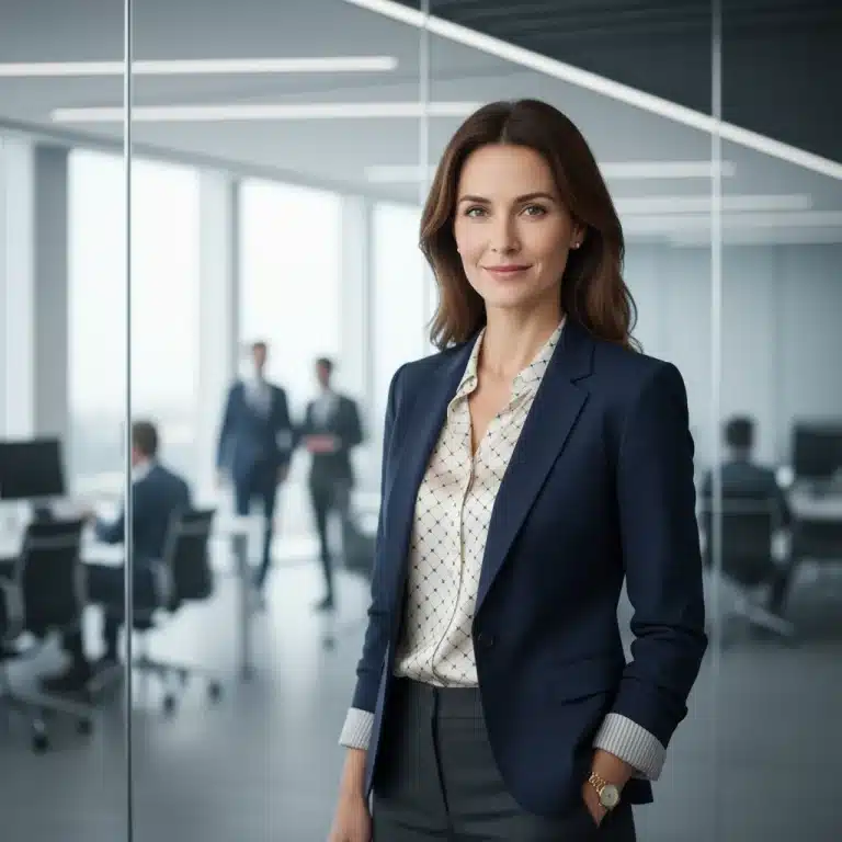 Professional woman in a tailored blazer exuding confidence in a modern office.