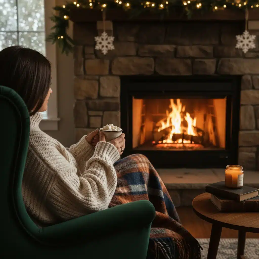 Cozy holiday sweater by a warm fireplace