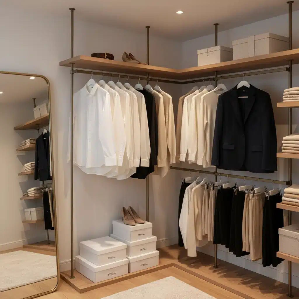 Organized minimalist wardrobe with neutral clothing items