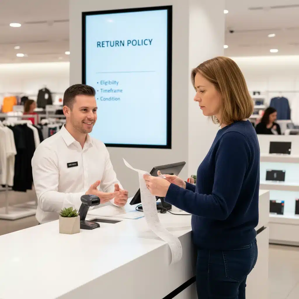 Customer discussing a return with a store employee at a service desk.