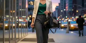 Professional woman transitioning from day office wear to elegant evening attire in a modern city setting.