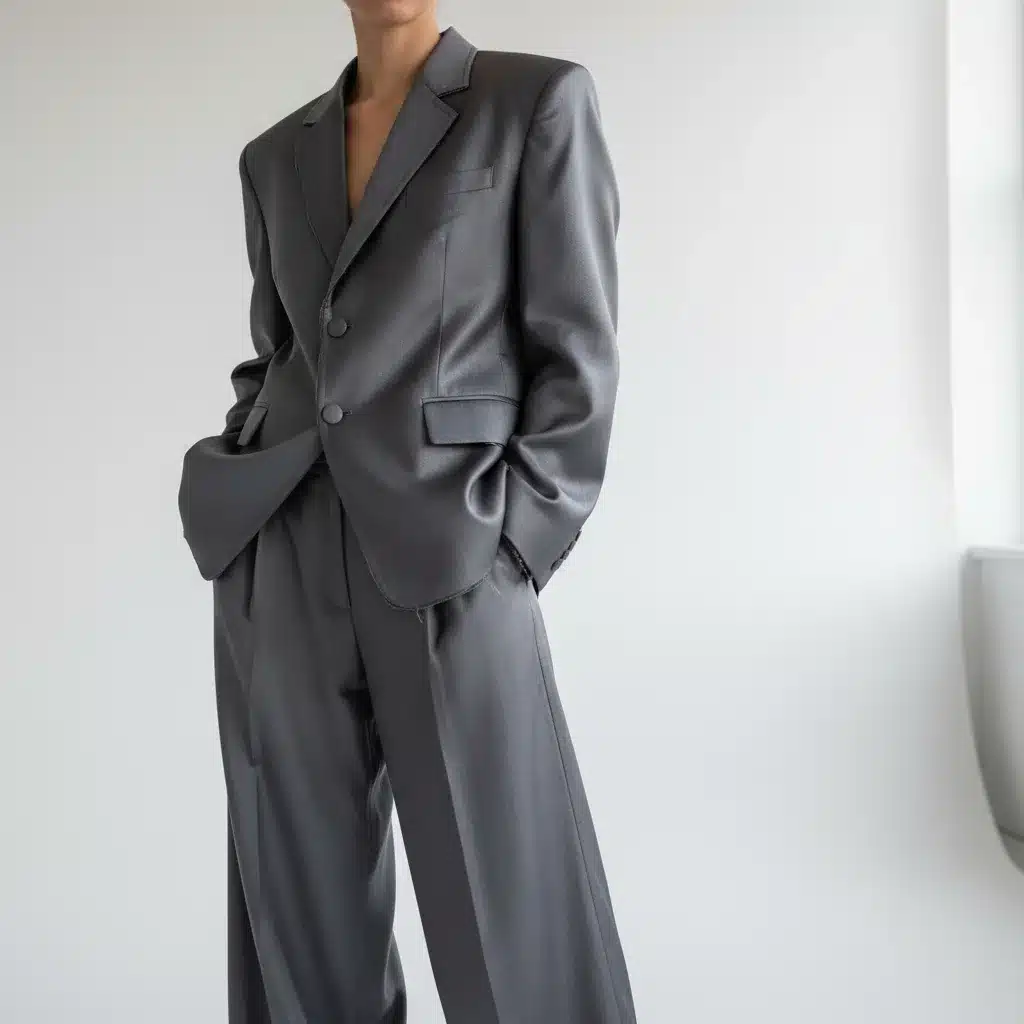 Person in oversized deconstructed blazer and wide-leg trousers, minimalist studio setting.