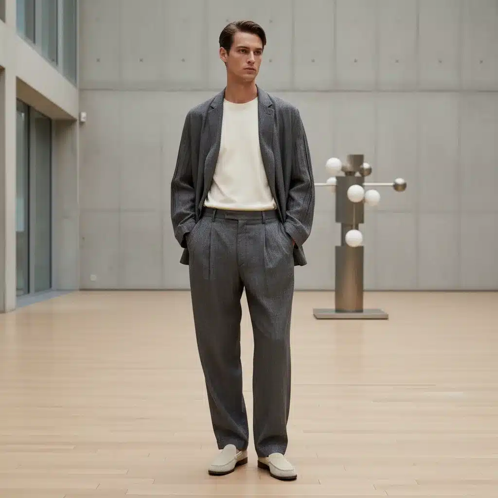 Man in deconstructed tailored suit, relaxed fit