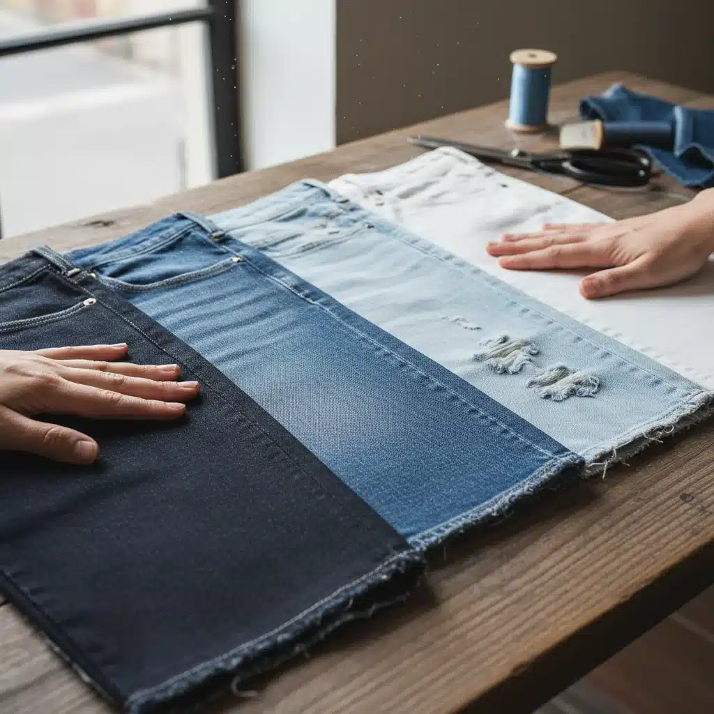 Variety of denim fabric textures and washes, from raw indigo to distressed light wash, demonstrating material quality.