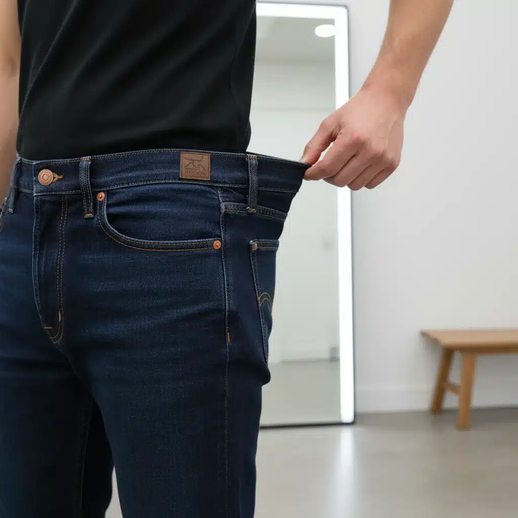 Person demonstrating the pinch and pull method to check denim waist fit in a dressing room.