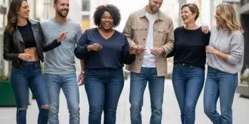 Diverse individuals modeling various denim jean styles in an urban environment, highlighting perfect fit and fashion.