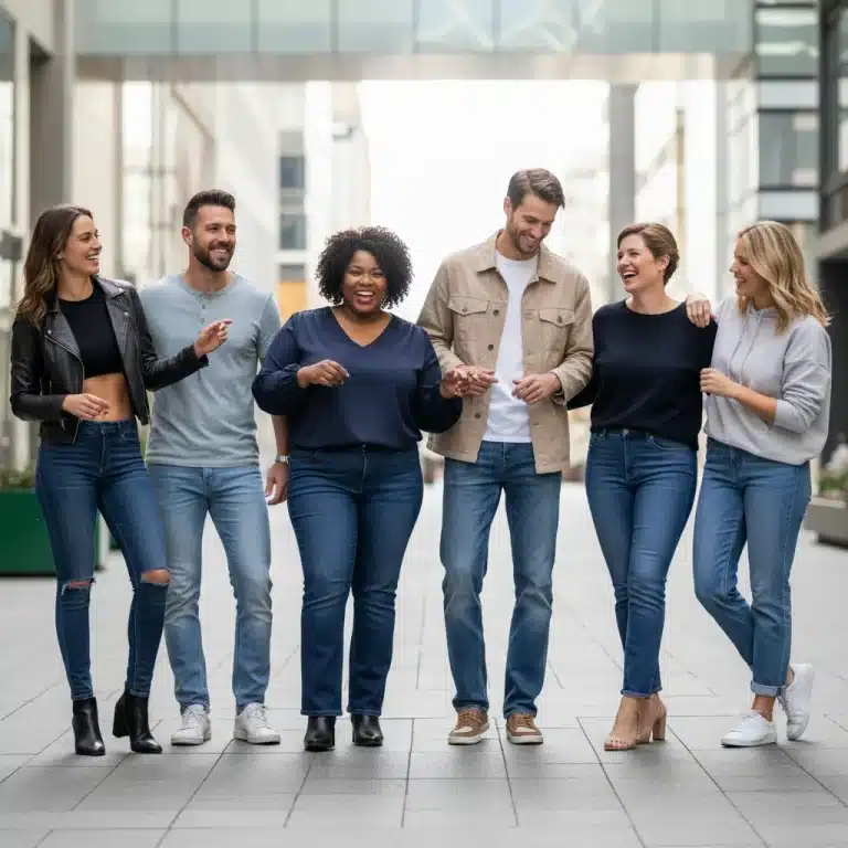 Diverse individuals modeling various denim jean styles in an urban environment, highlighting perfect fit and fashion.