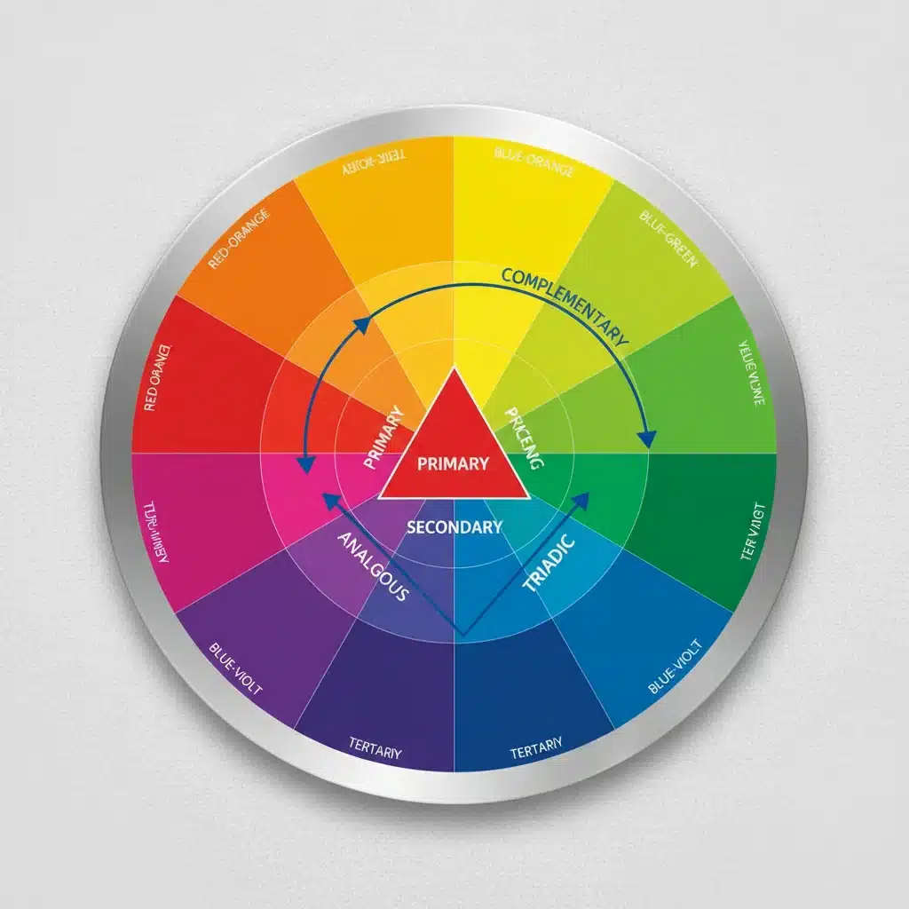 Detailed color wheel illustrating primary, secondary, and tertiary colors and various color schemes.