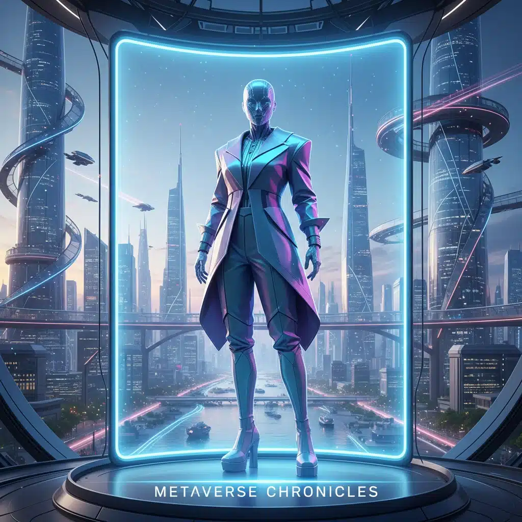 Digital fashion avatar in virtual haute couture, representing metaverse trends.