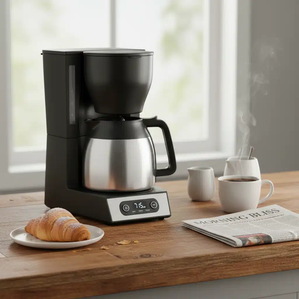 Drip coffee maker with thermal carafe on a breakfast bar.