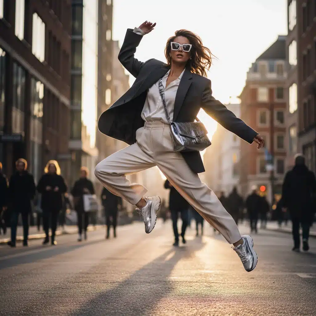 Fashion influencer in an oversized blazer and tailored trousers on a city street.