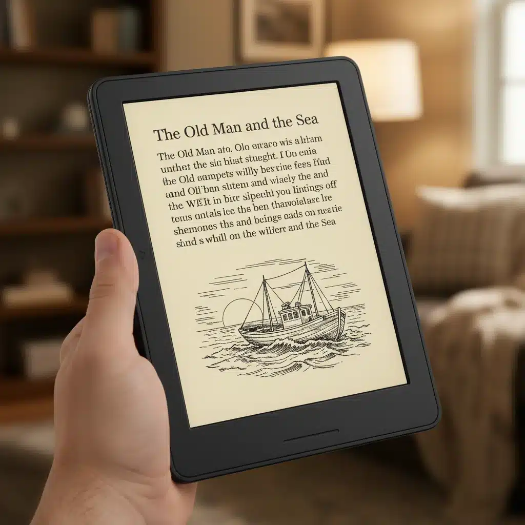Close-up of e-reader E Ink display with clear text