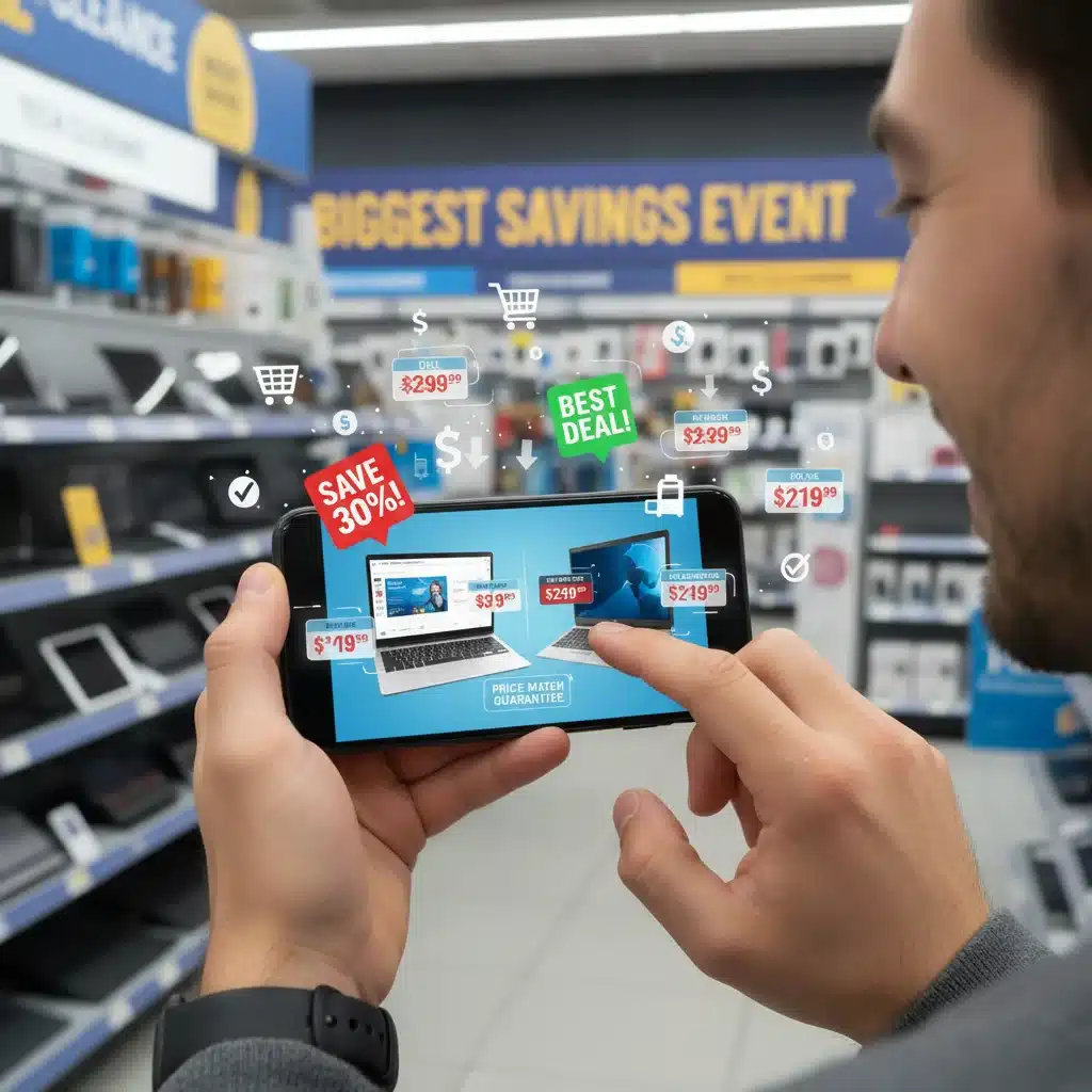 Savvy shopper comparing electronics prices on a smartphone for best deals